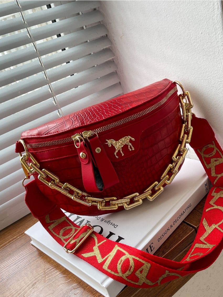 Mini Crocodile Embossed Horse Decor Waist Bag