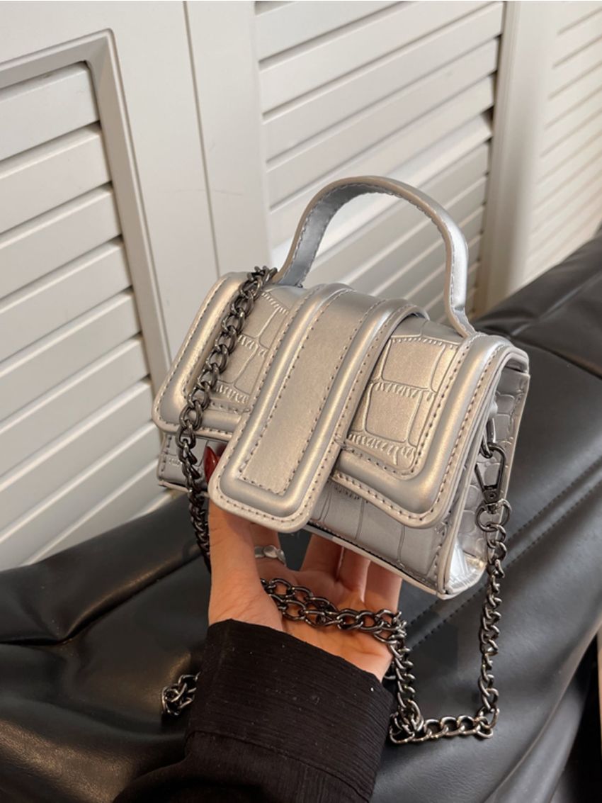 Mini Metallic Crocodile Embossed Flap Chain Square Bag