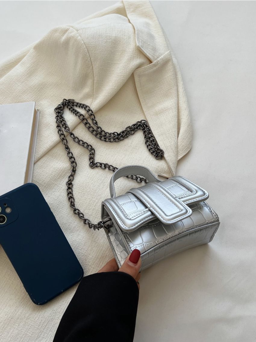 Mini Metallic Crocodile Embossed Flap Chain Square Bag