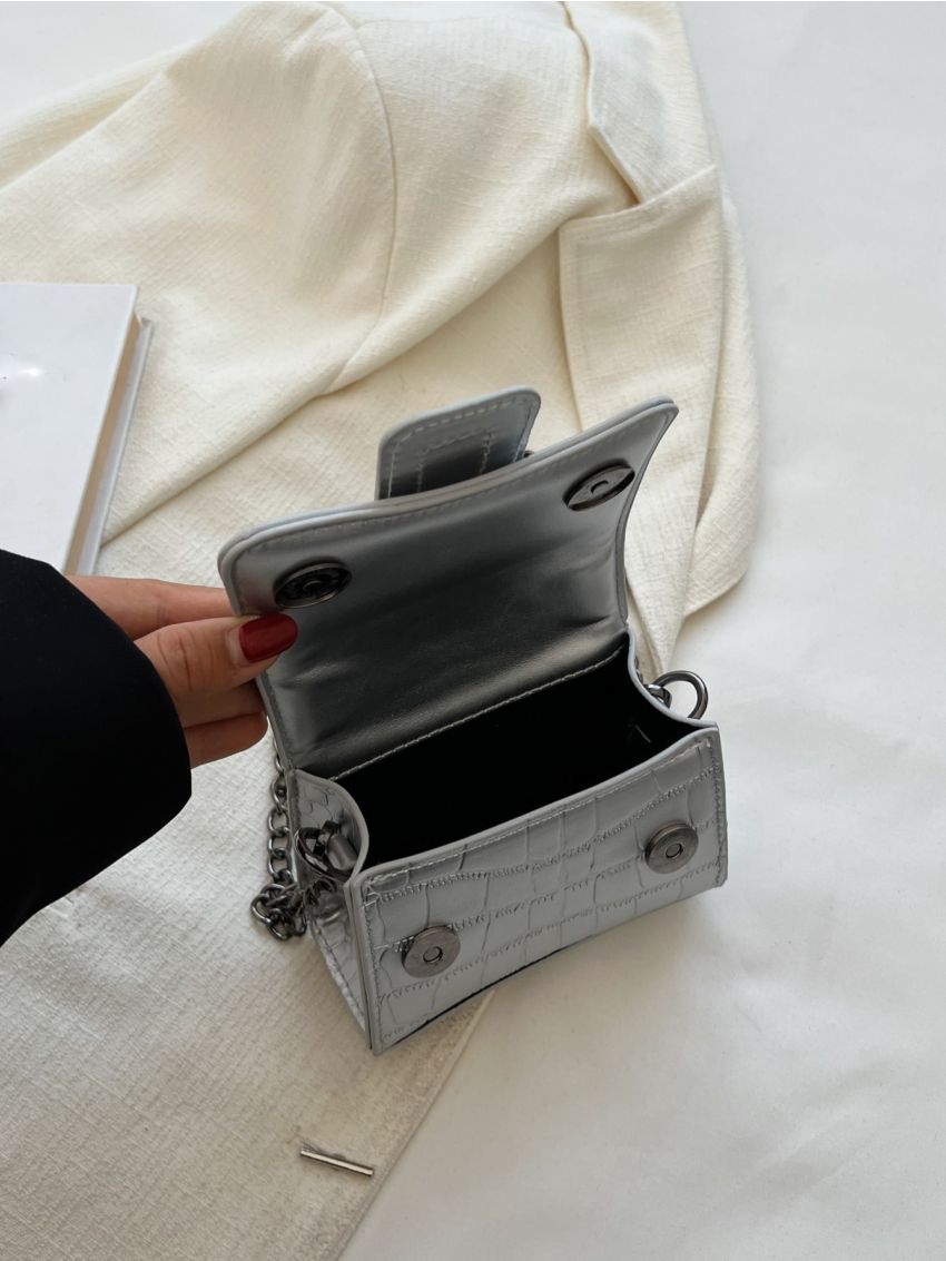 Mini Metallic Crocodile Embossed Flap Chain Square Bag