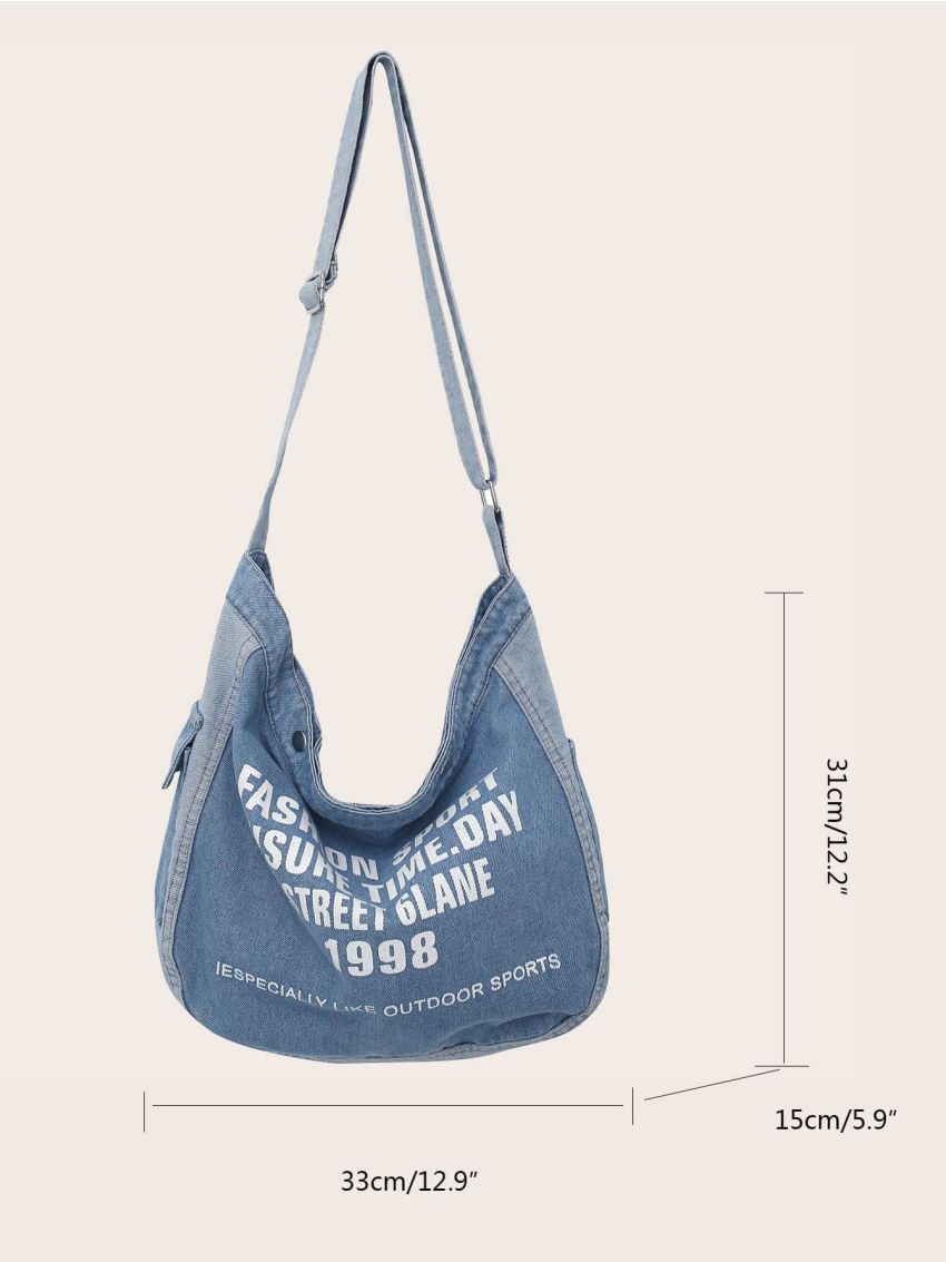 Letter Graphic Denim Hobo Bag