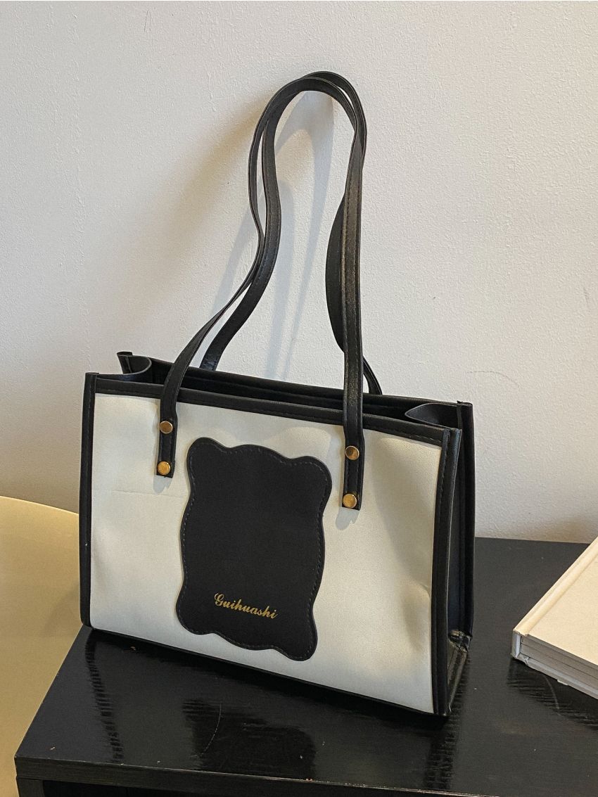 Letter Graphic Contrast Binding Shoulder Tote Bag