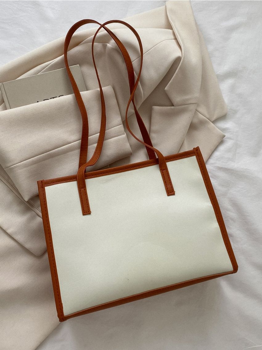 Letter Graphic Contrast Binding Shoulder Tote Bag