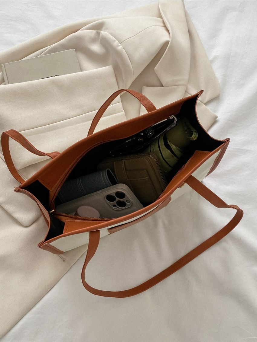 Letter Graphic Contrast Binding Shoulder Tote Bag