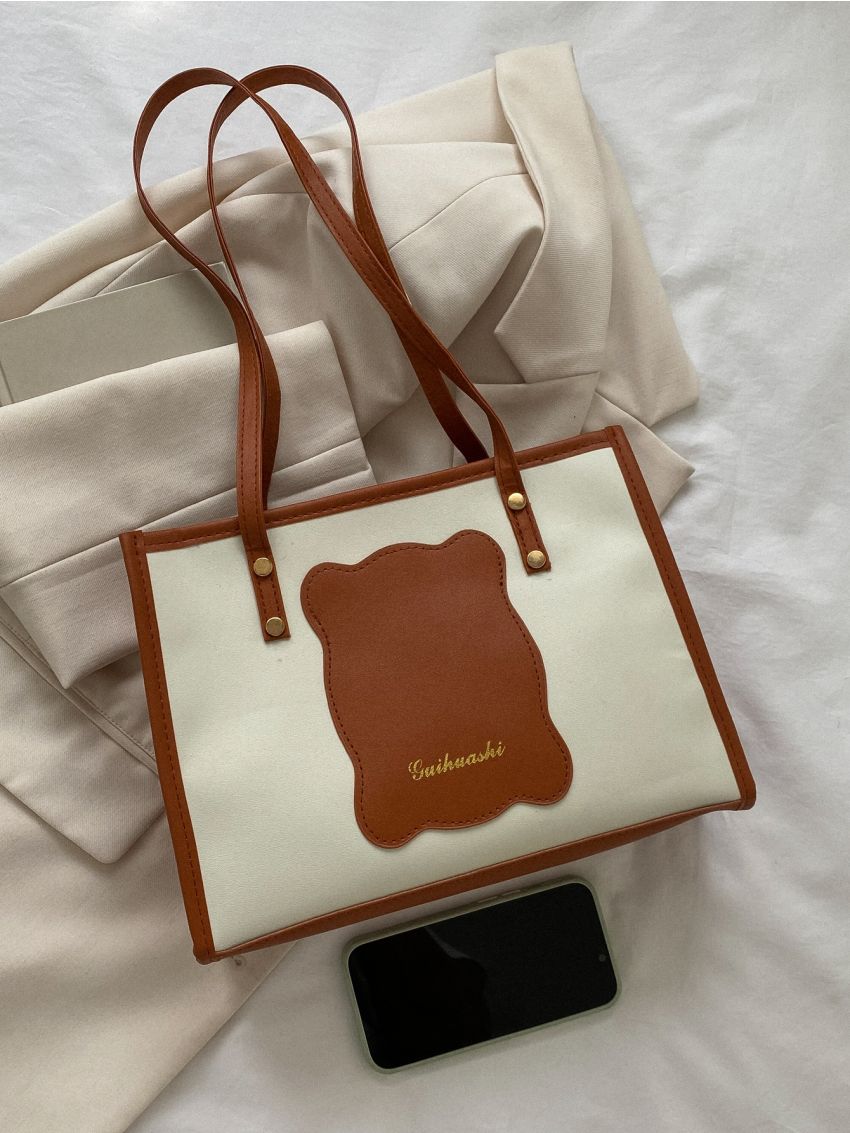 Letter Graphic Contrast Binding Shoulder Tote Bag