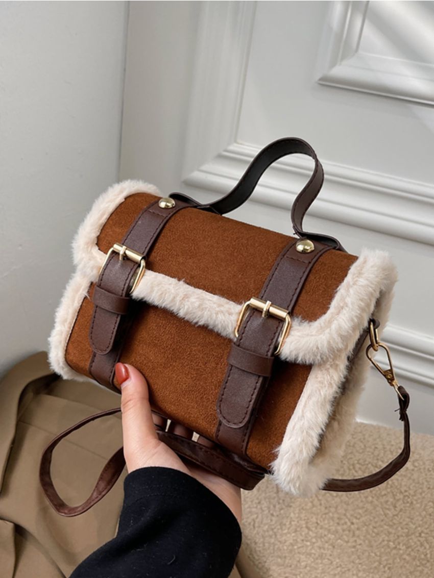 Mini Buckle & Studded Decor Fuzzy Trim Flap Square Bag