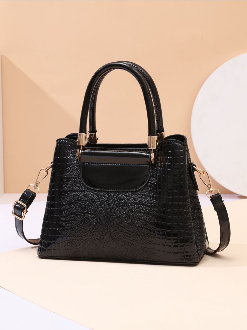 Crocodile Embossed Double Handle Square Bag, Mothers Day Gift For Mom