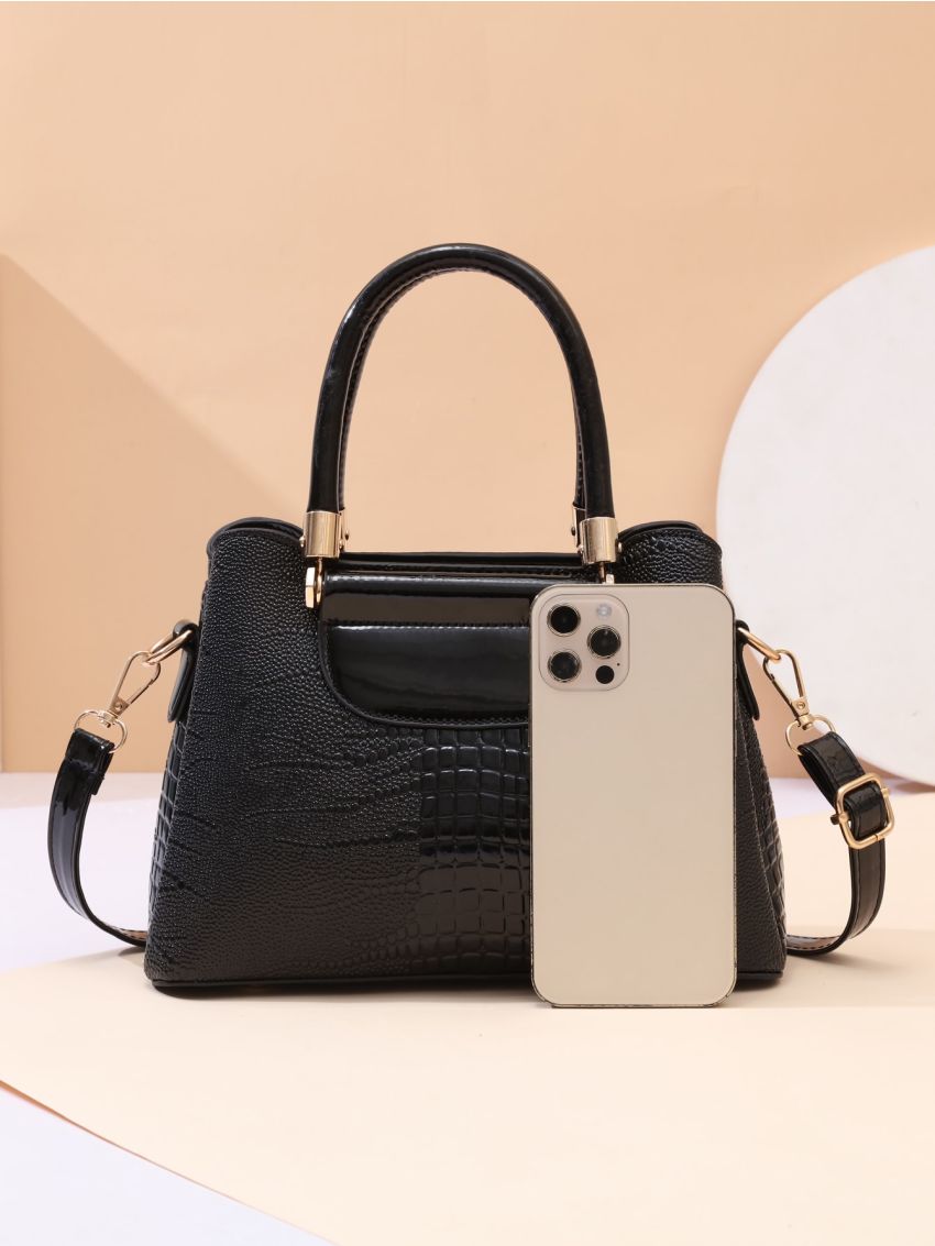 Crocodile Embossed Double Handle Square Bag, Mothers Day Gift For Mom