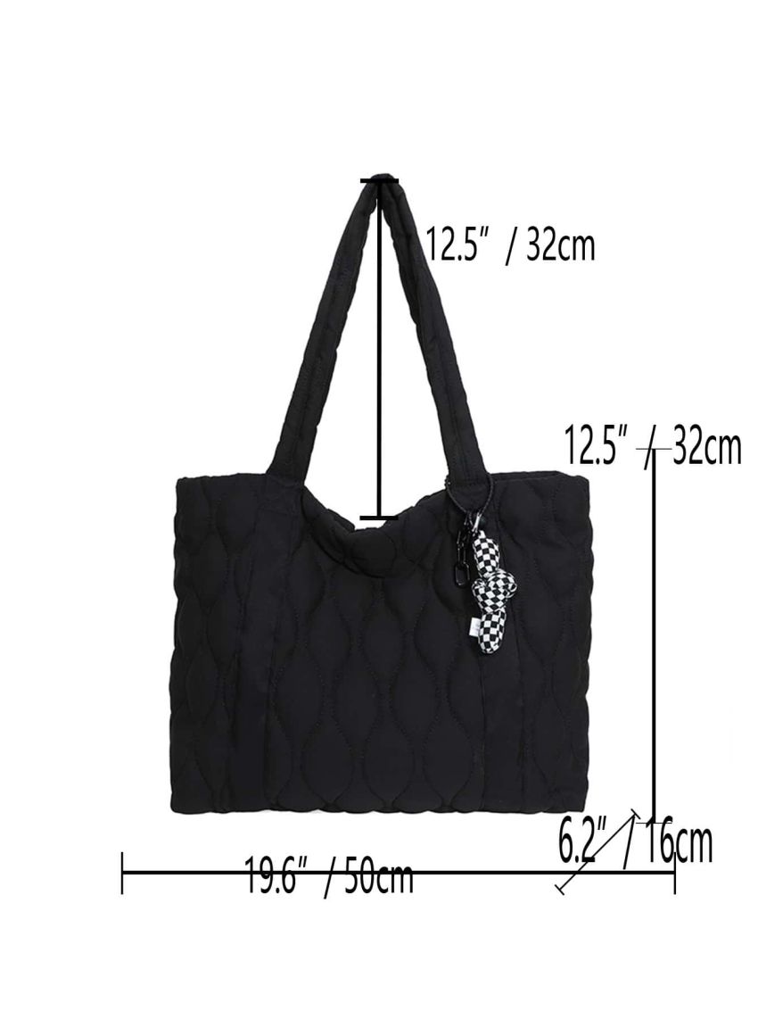 Quilted Detail Shoulder Tote Bag With Cartoon Charm