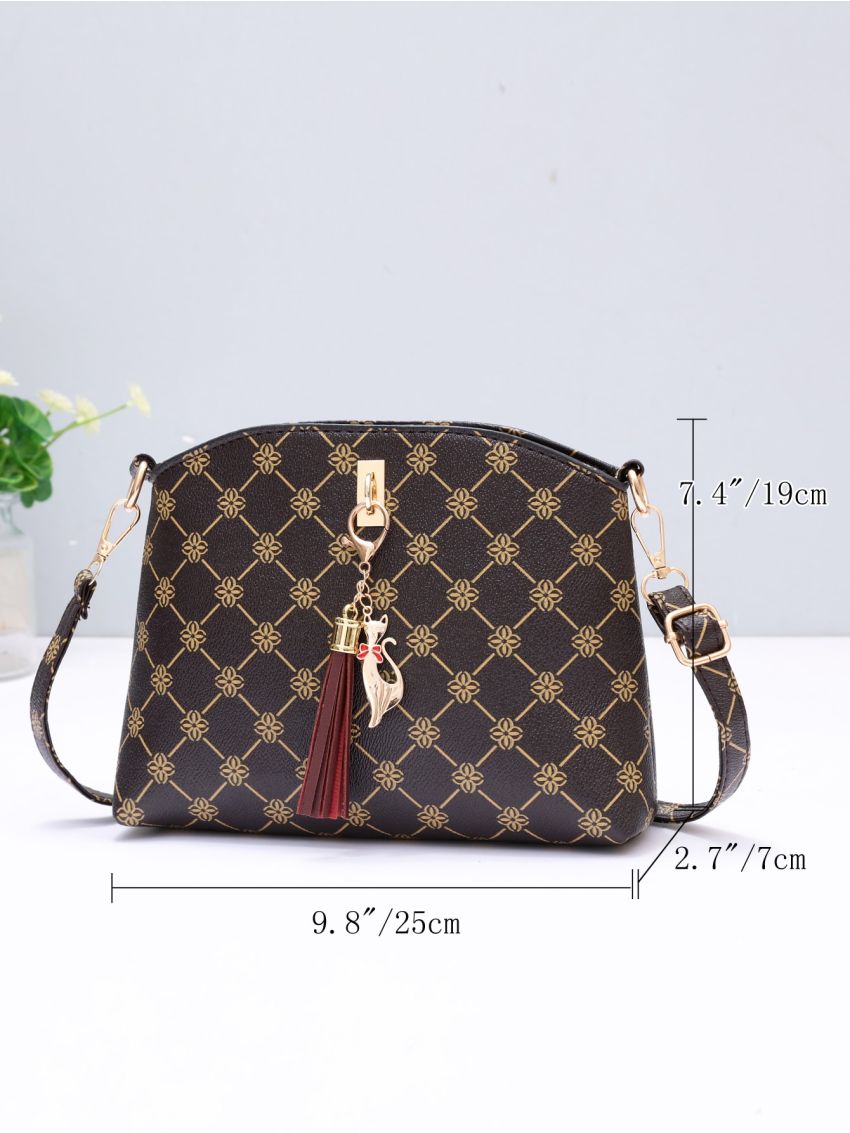 Trendy Geometric Pattern Handbag, Women's Tassel Decor Crossbody Bag, Elegant Zipper Purse For Mother's Day, Mothers Day Gift For Mom