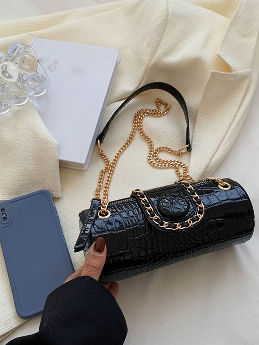 Crocodile Embossed Flap Chain Bucket Bag