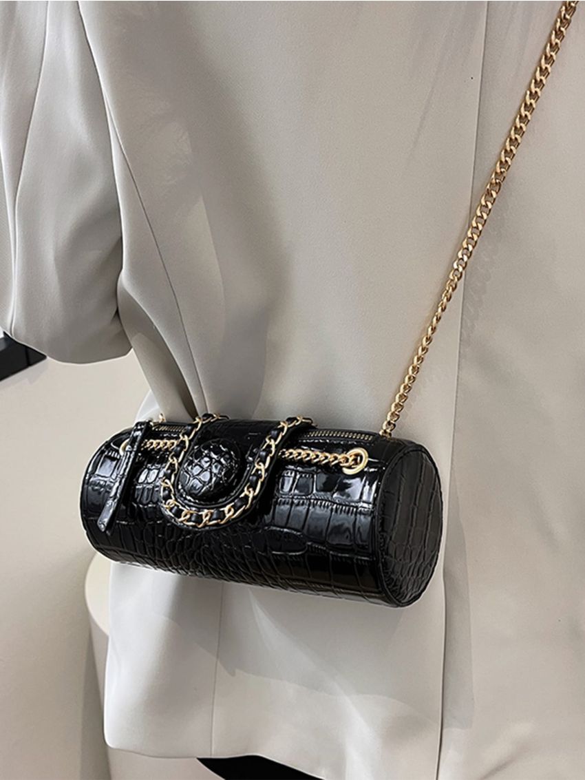 Crocodile Embossed Flap Chain Bucket Bag