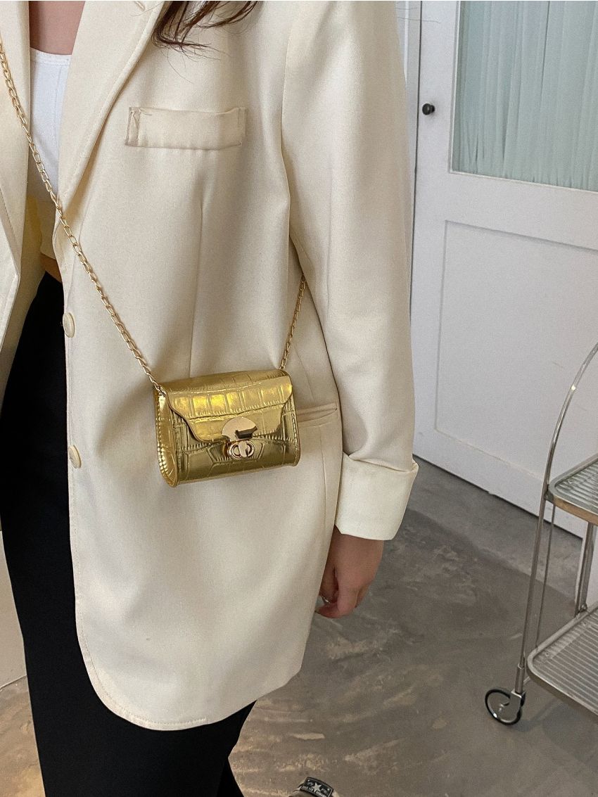 Mini Metallic Crocodile Embossed Twist Lock Flap Chain Square Bag