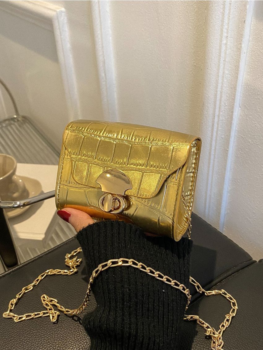 Mini Metallic Crocodile Embossed Twist Lock Flap Chain Square Bag