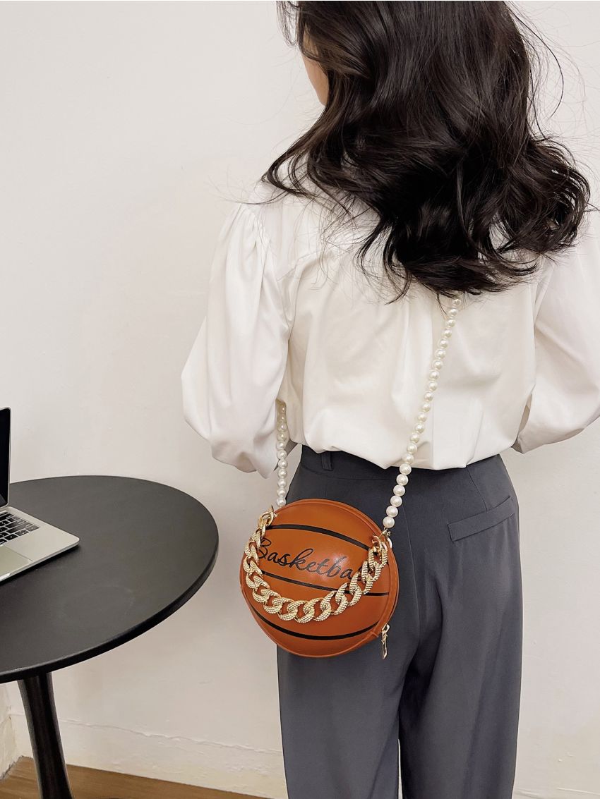 Mini Basketball Design Faux Pearl Beaded Chain Circle Bag