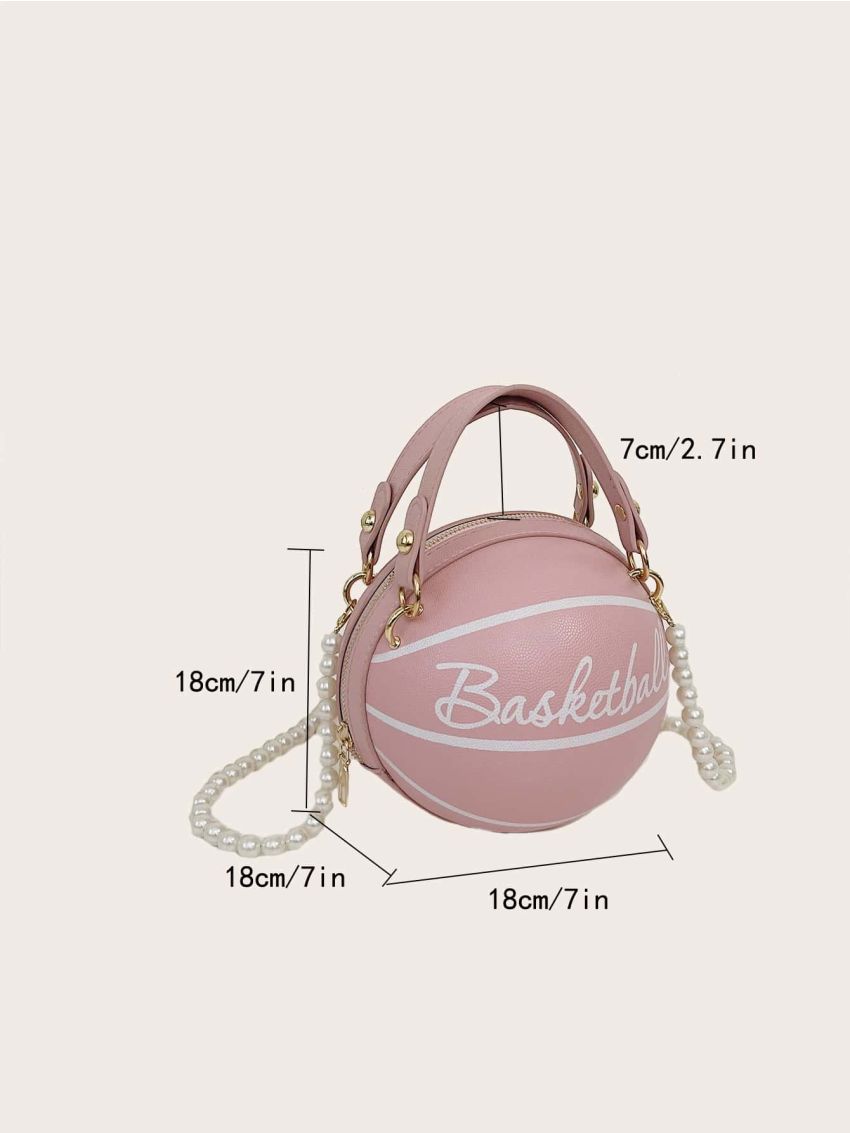 Mini Basketball Design Faux Pearl Beaded Chain Circle Bag