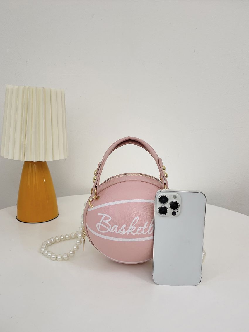 Mini Basketball Design Faux Pearl Beaded Chain Circle Bag