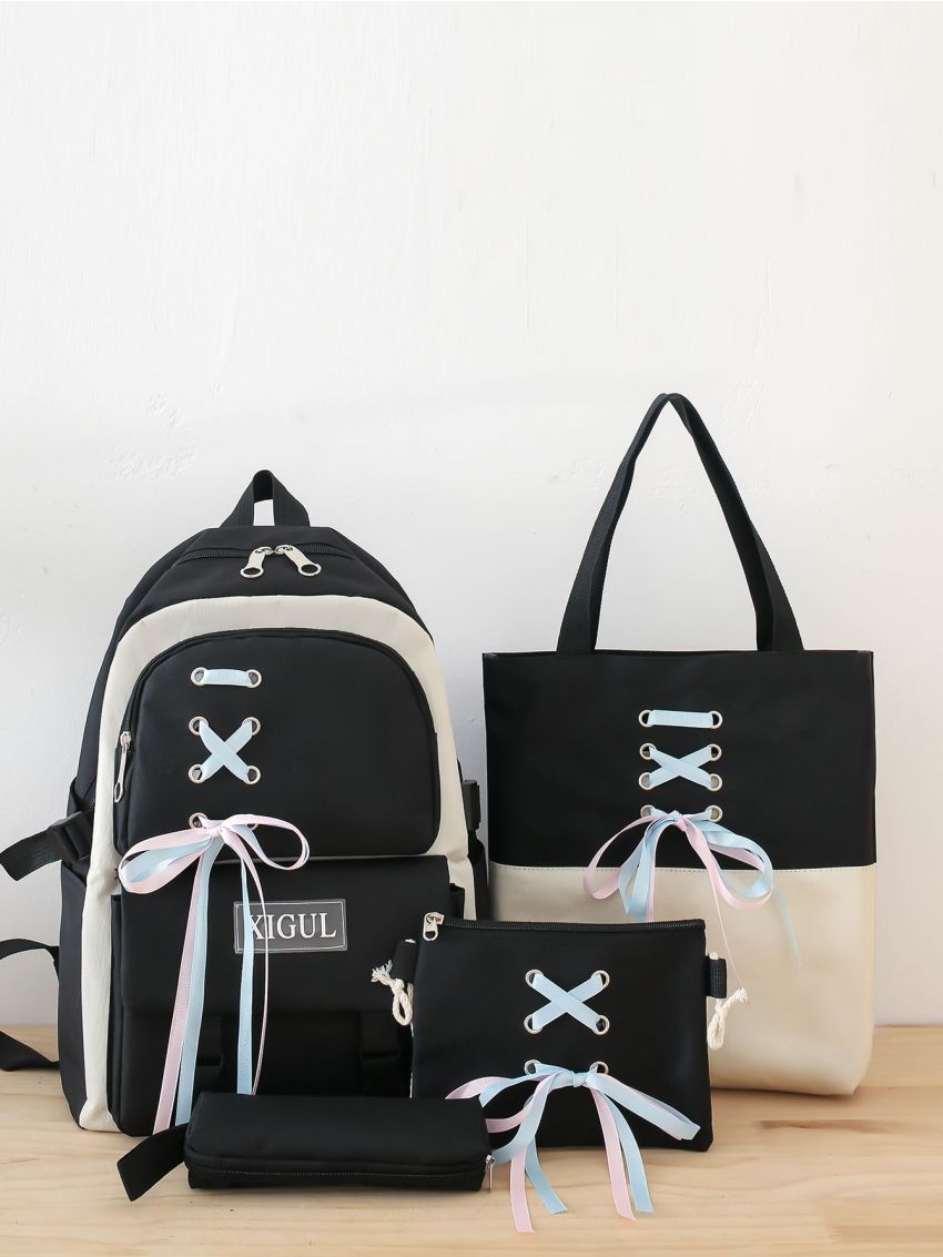 4pcs Lace Up Front Letter Graphic Functional Backpack Set