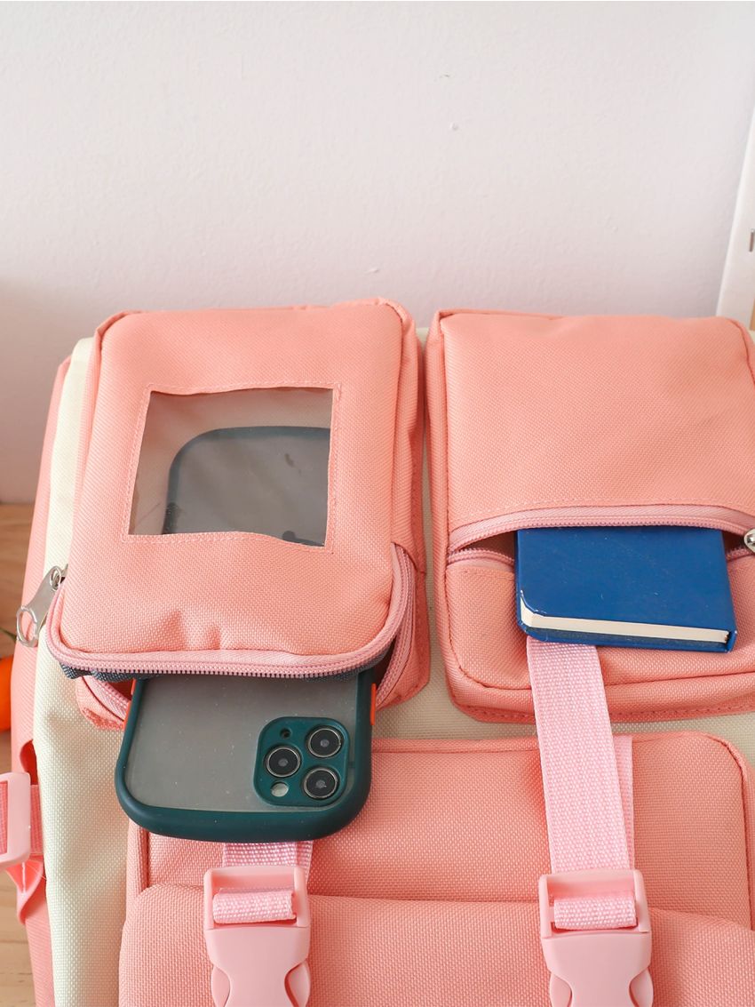 4pcs Two Tone Letter Patch Decor Functional Backpack Set