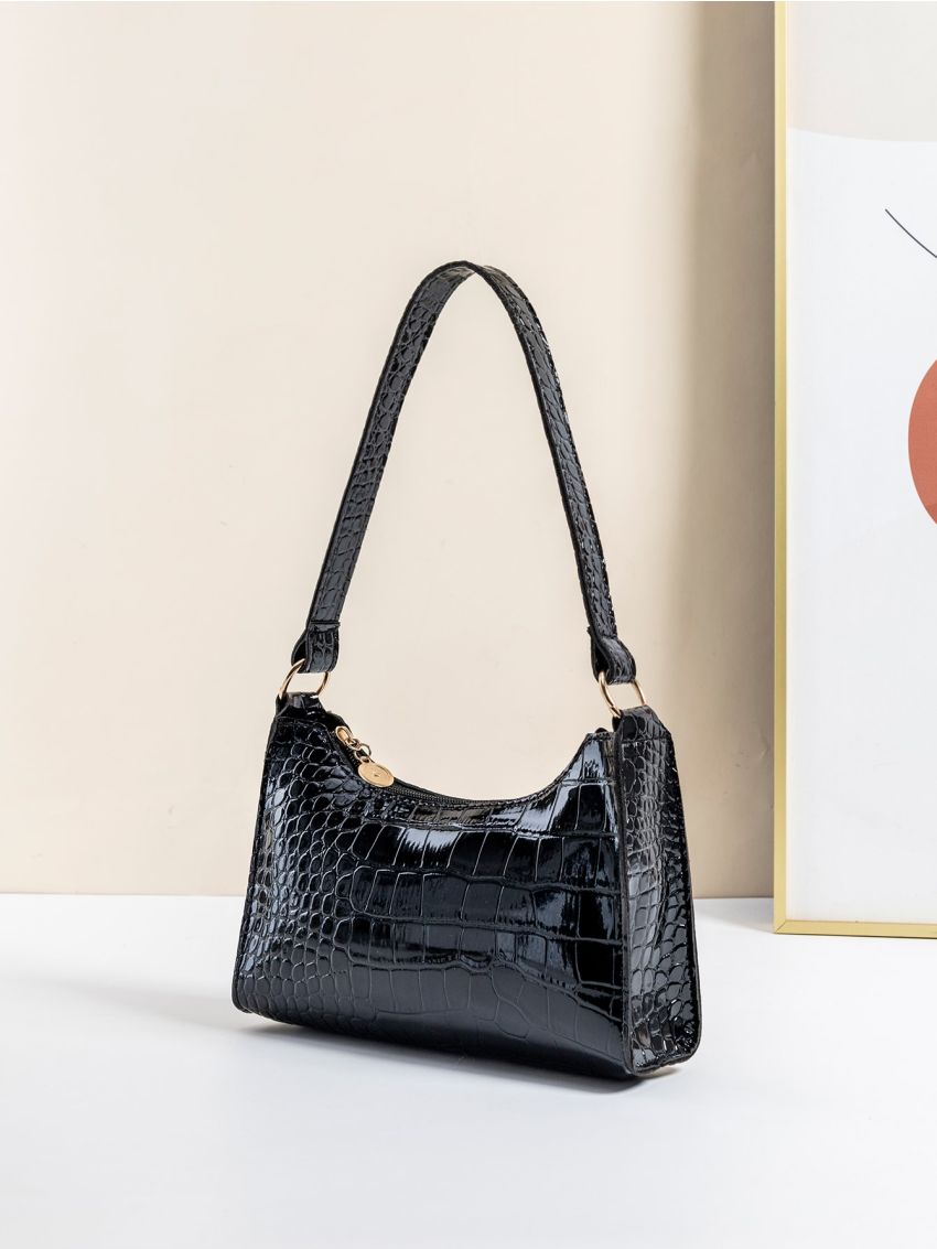 Crocodile Embossed Zipper Baguette Bag