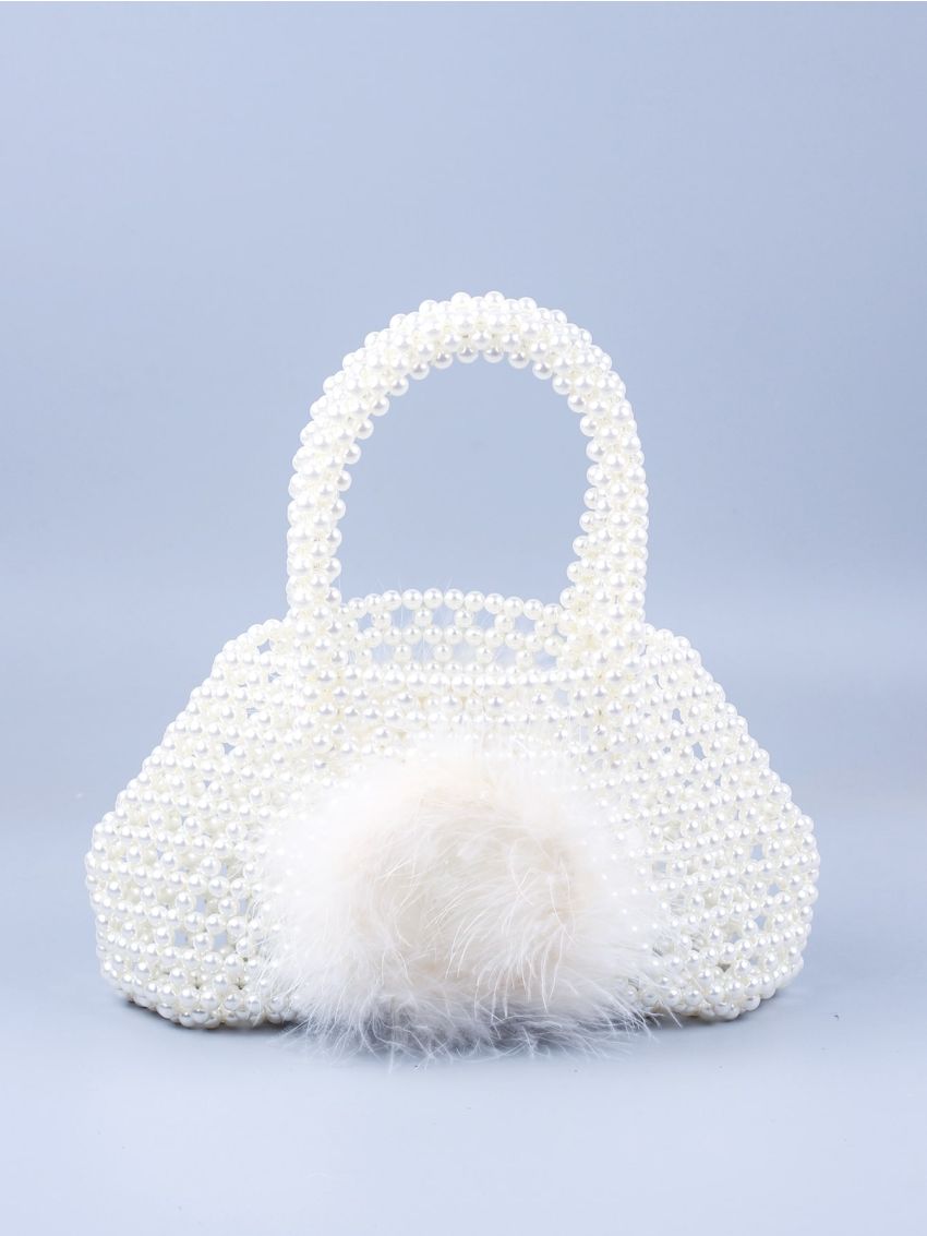 Pom Pom Decor Faux Pearl Beaded Satchel Bag