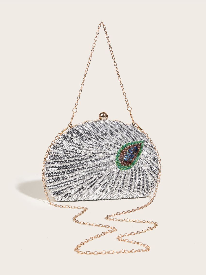 Metallic Bead & Sequin Decor Chain Box Bag
