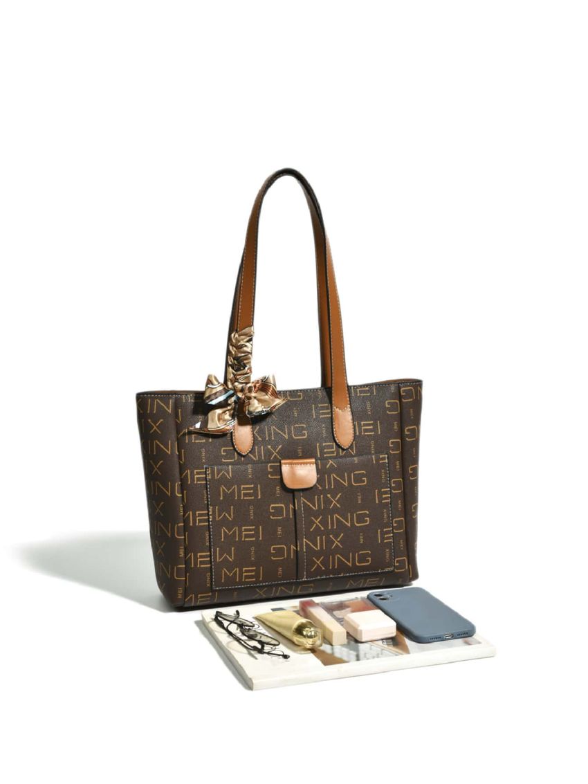 Letter Graphic Twilly Scarf Decor Shoulder Tote Bag