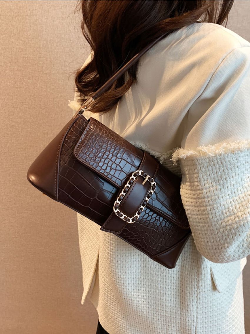 Crocodile Embossed Buckle Decor Flap Baguette Bag