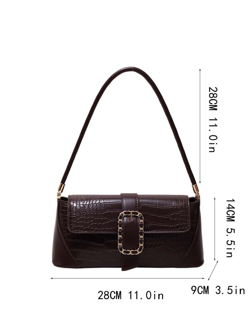 Crocodile Embossed Buckle Decor Flap Baguette Bag