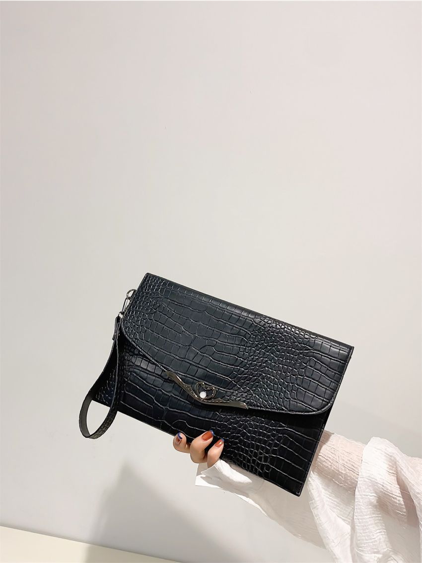 Crocodile Embossed Flap Square Bag With Wristlet