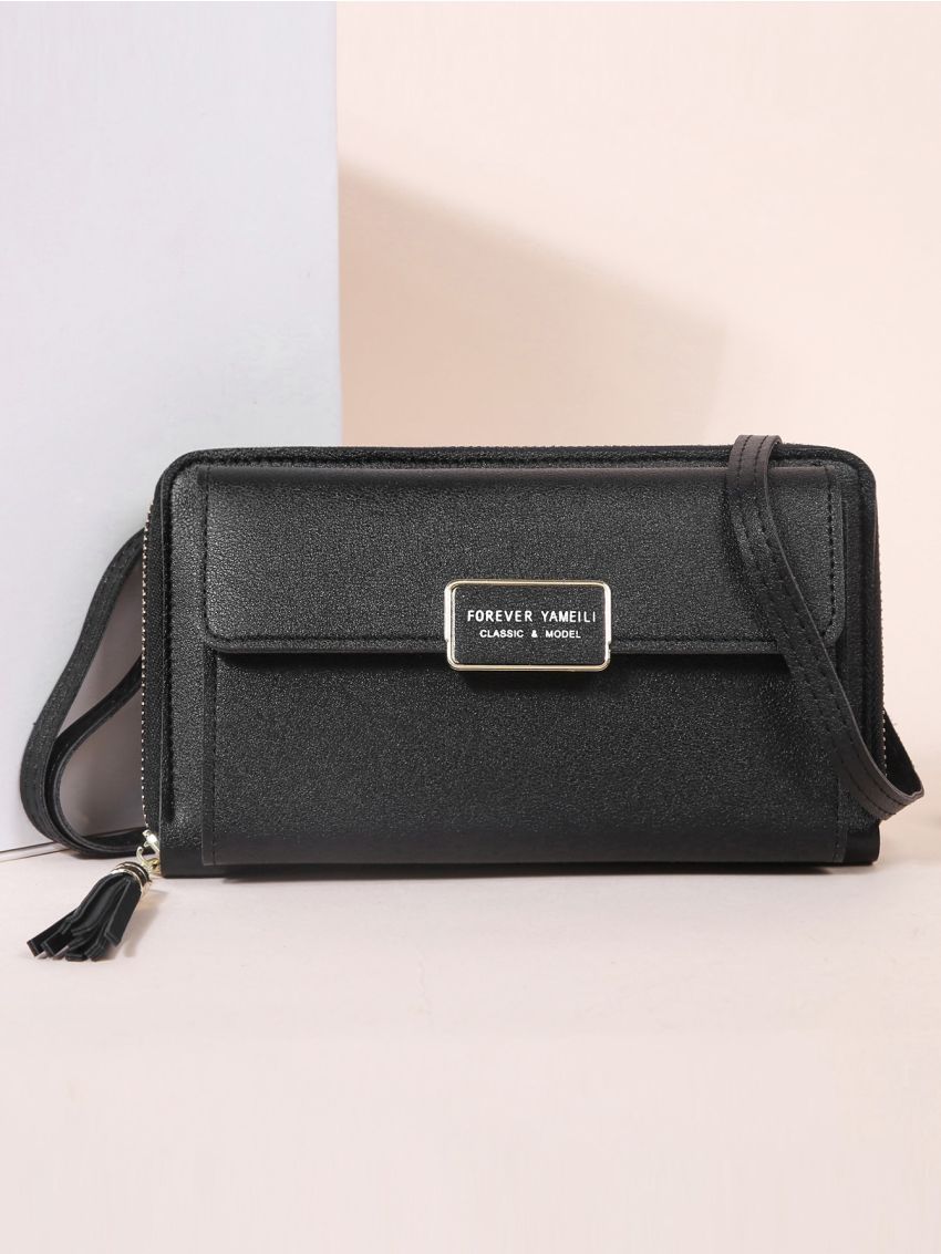 Metal & Tassel Decor Phone Wallet With Zipper