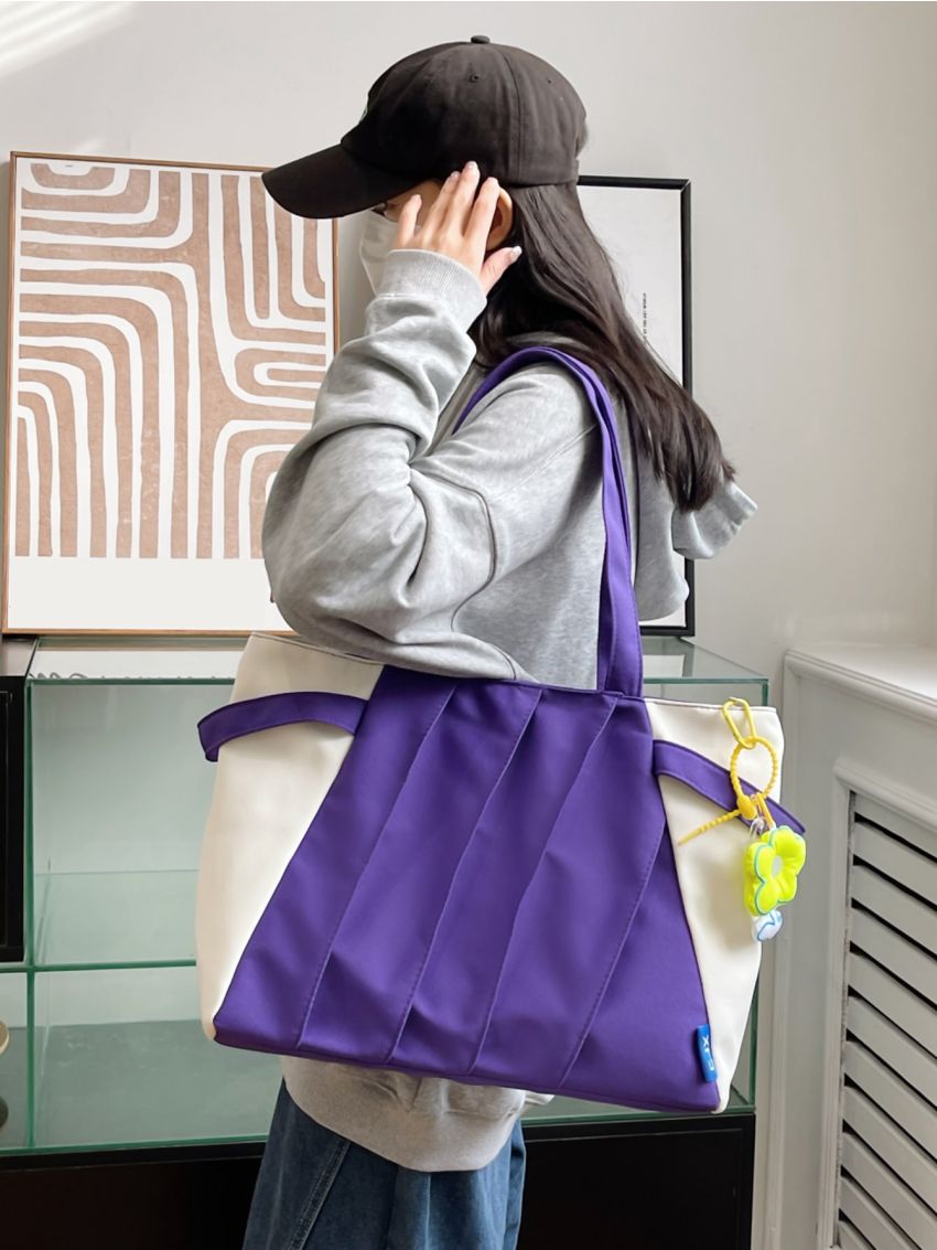 Two Tone Ruched Detail Shoulder Tote Bag With Flower Bag Charm