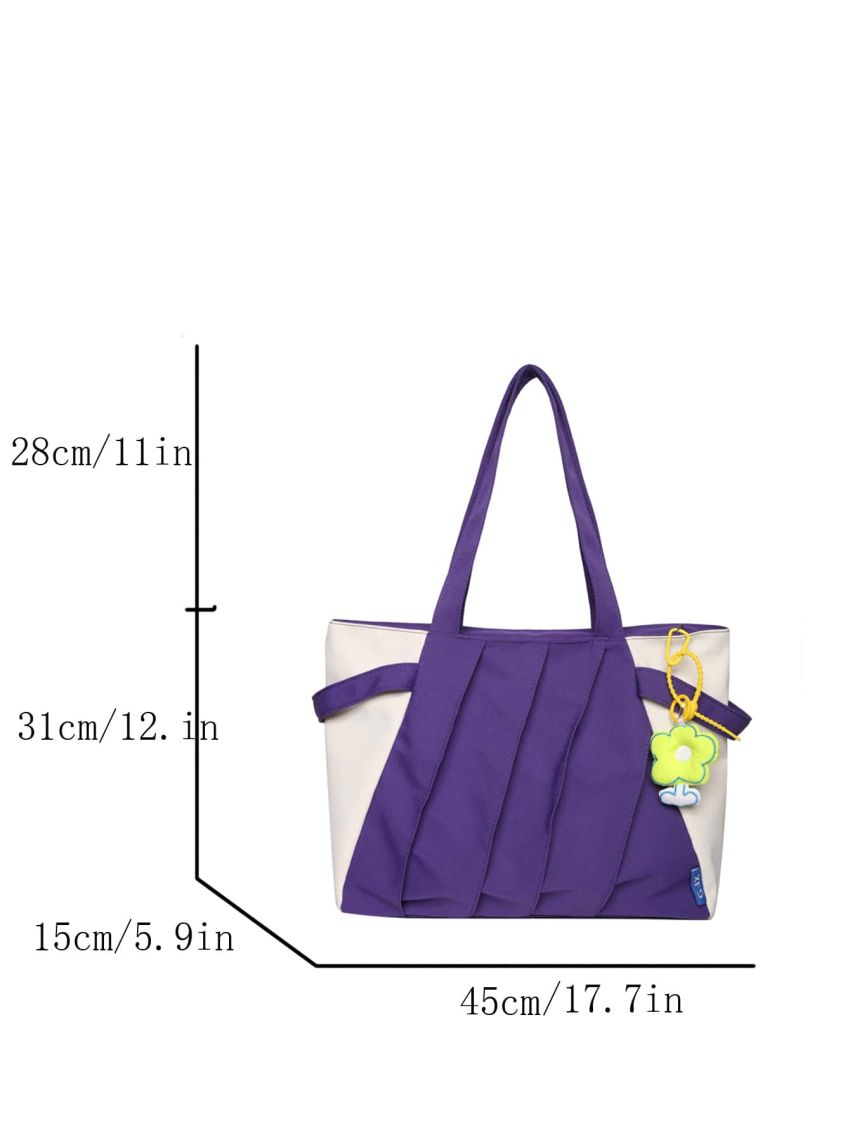 Two Tone Ruched Detail Shoulder Tote Bag With Flower Bag Charm