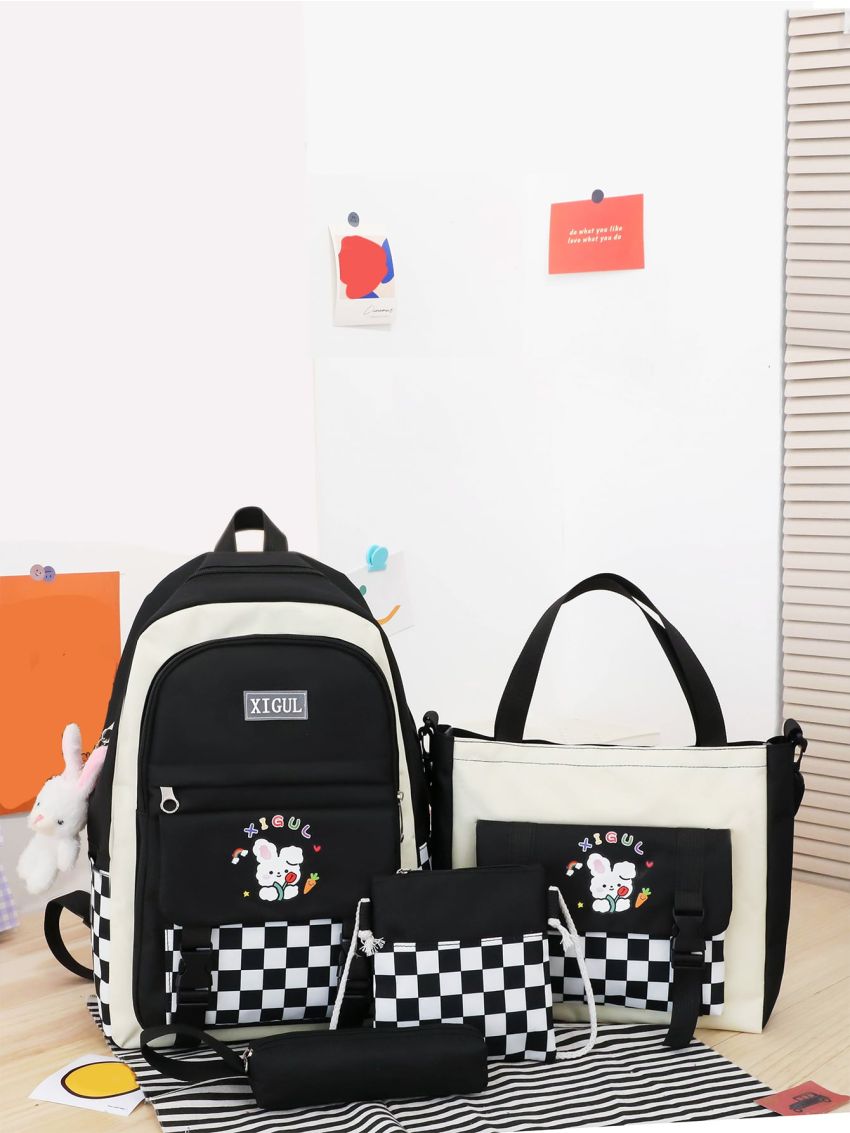 4pcs Letter Patch Cartoon Graphic Backpack Set