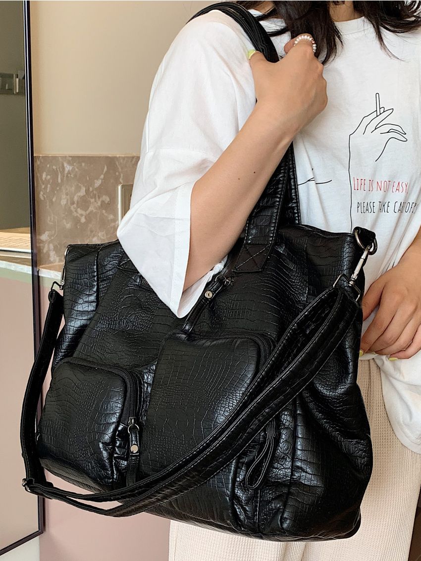 Double Handle Shoulder Tote Bag Crocodile Embossed