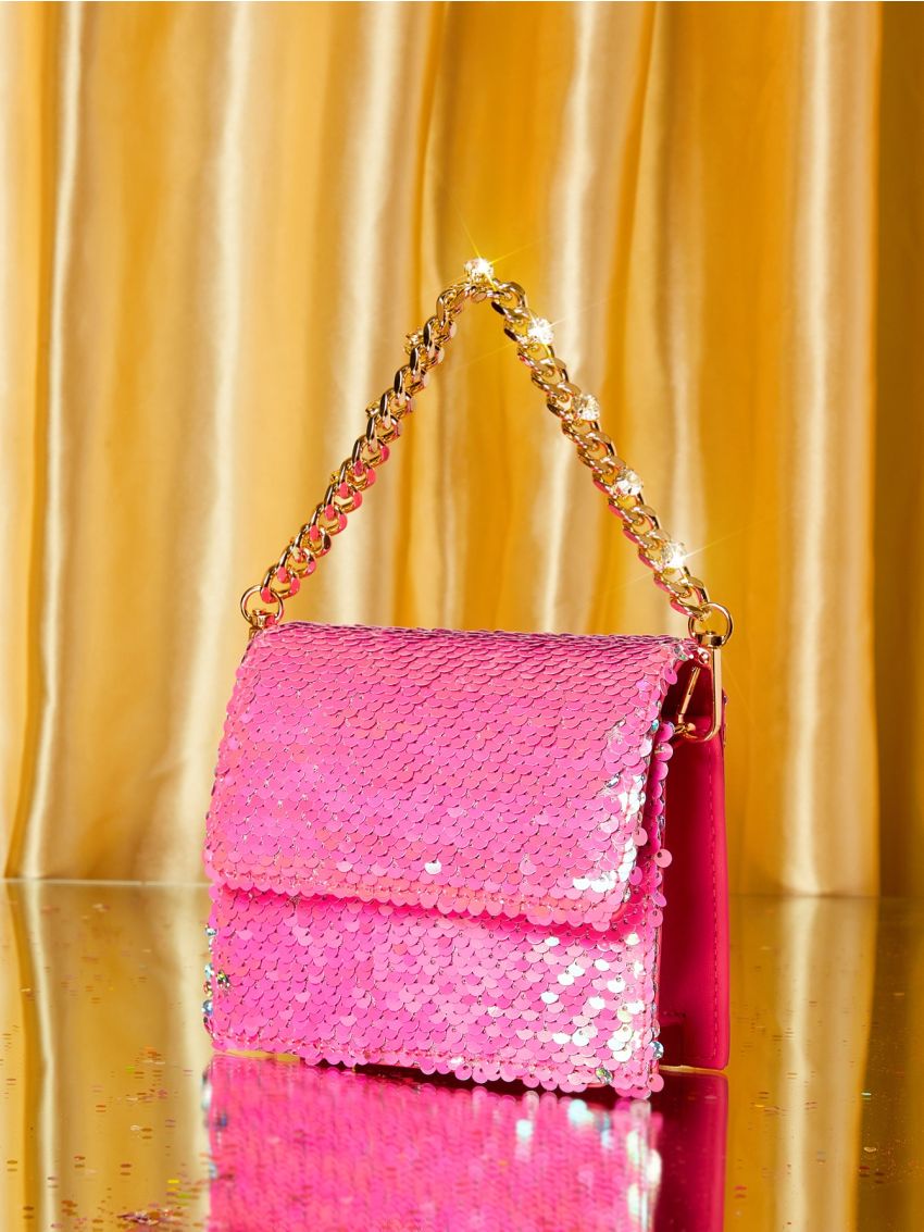 Mini Neon Pink Sequin Decor Chain Square Bag