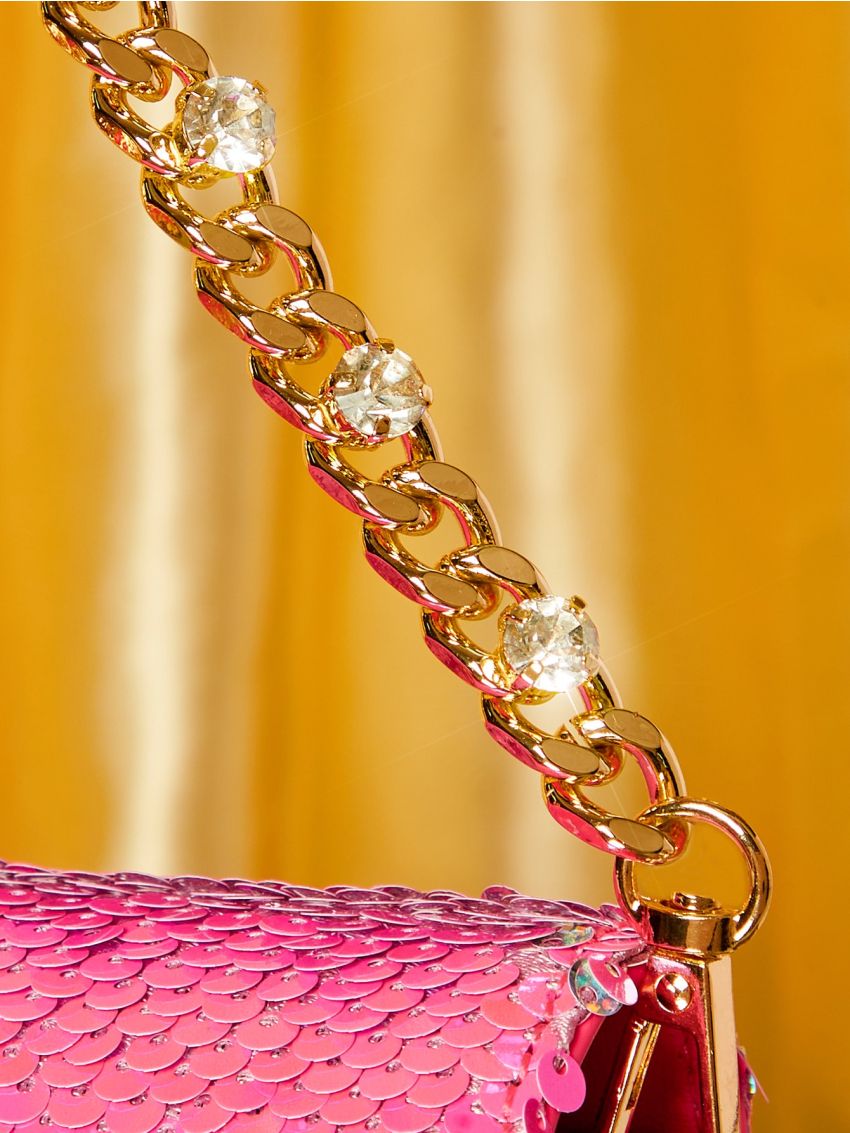 Mini Neon Pink Sequin Decor Chain Square Bag