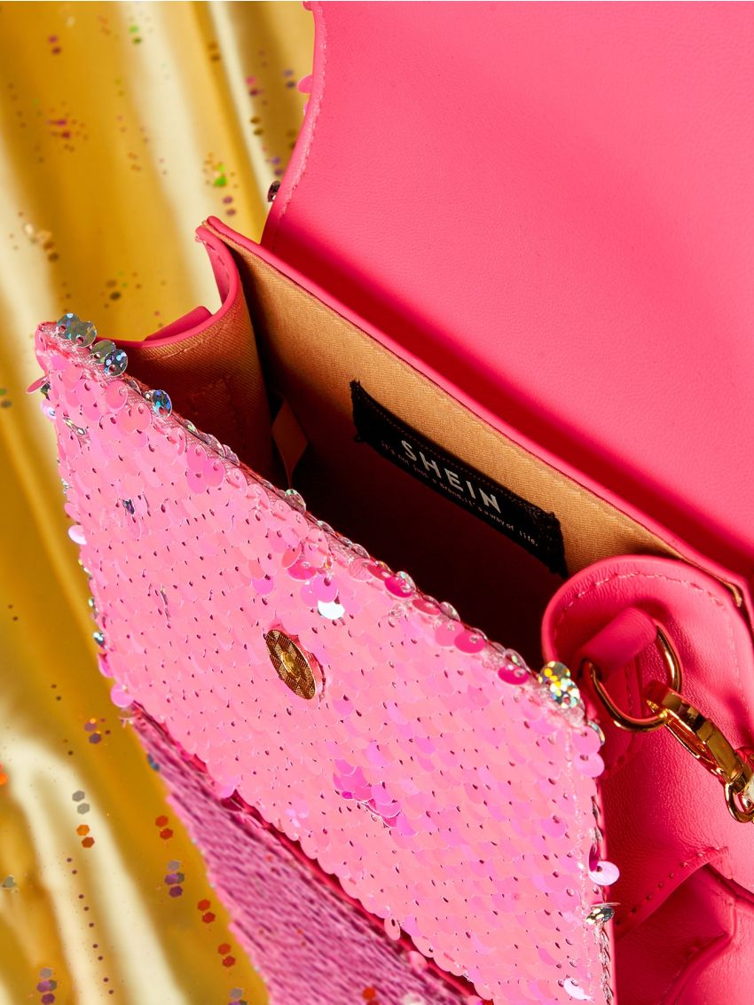 Mini Neon Pink Sequin Decor Chain Square Bag