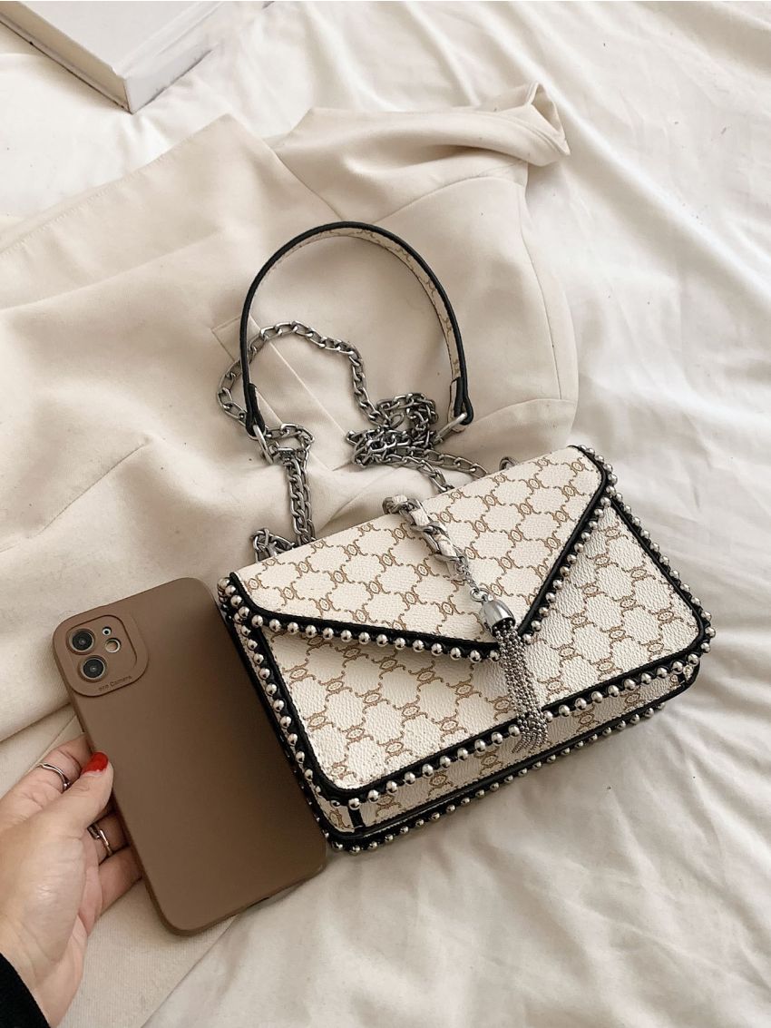 Mini Geometric Pattern Tassel Decor Flap Square Bag