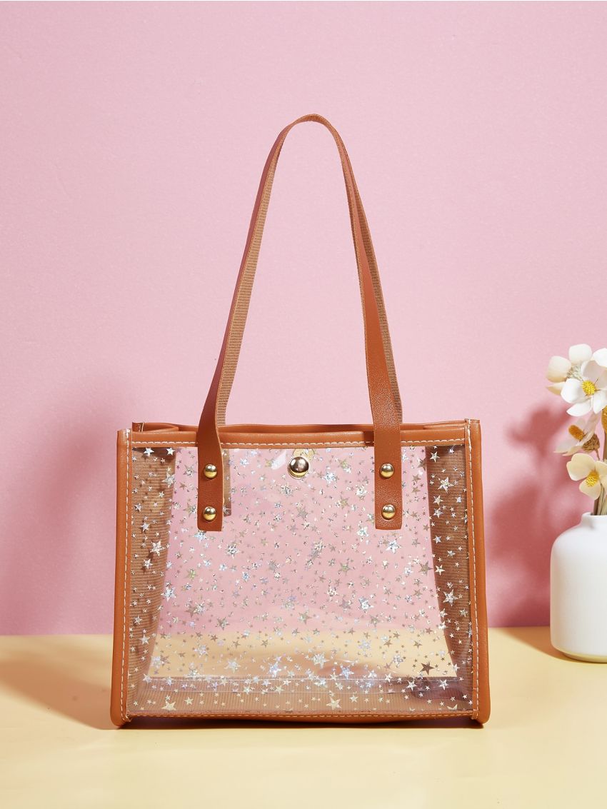 2Pcs Bag Set Square Bag Coin Purse Clear Star Decor