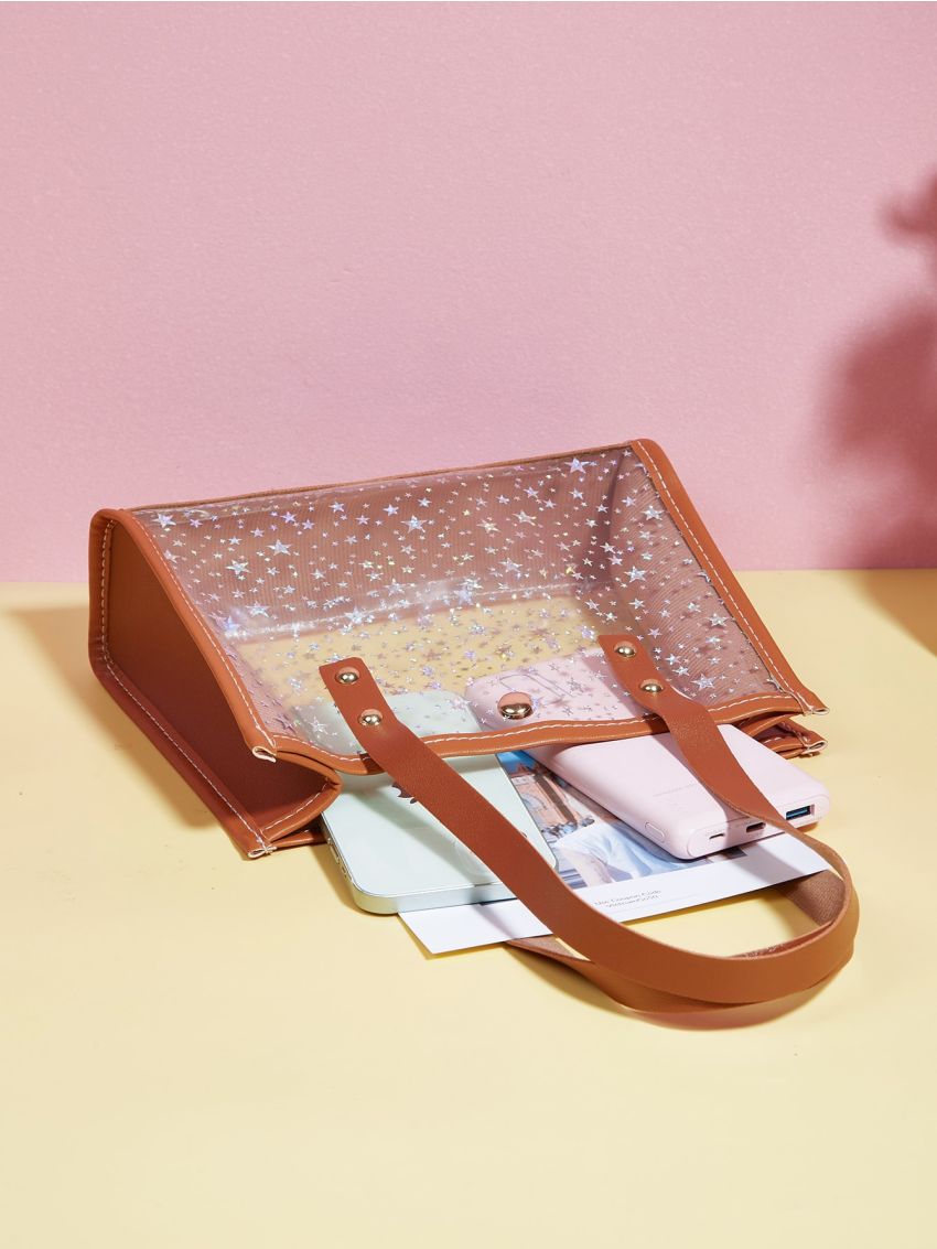 2Pcs Bag Set Square Bag Coin Purse Clear Star Decor