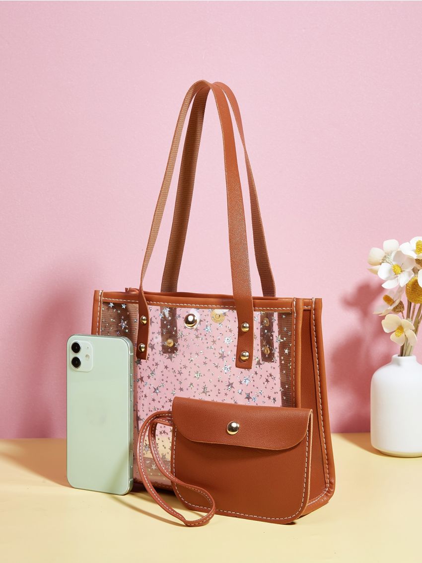 2Pcs Bag Set Square Bag Coin Purse Clear Star Decor