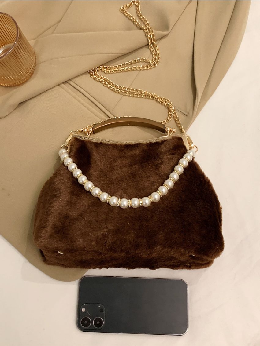 Faux Pearl Decor Fuzzy Chain Satchel Bag