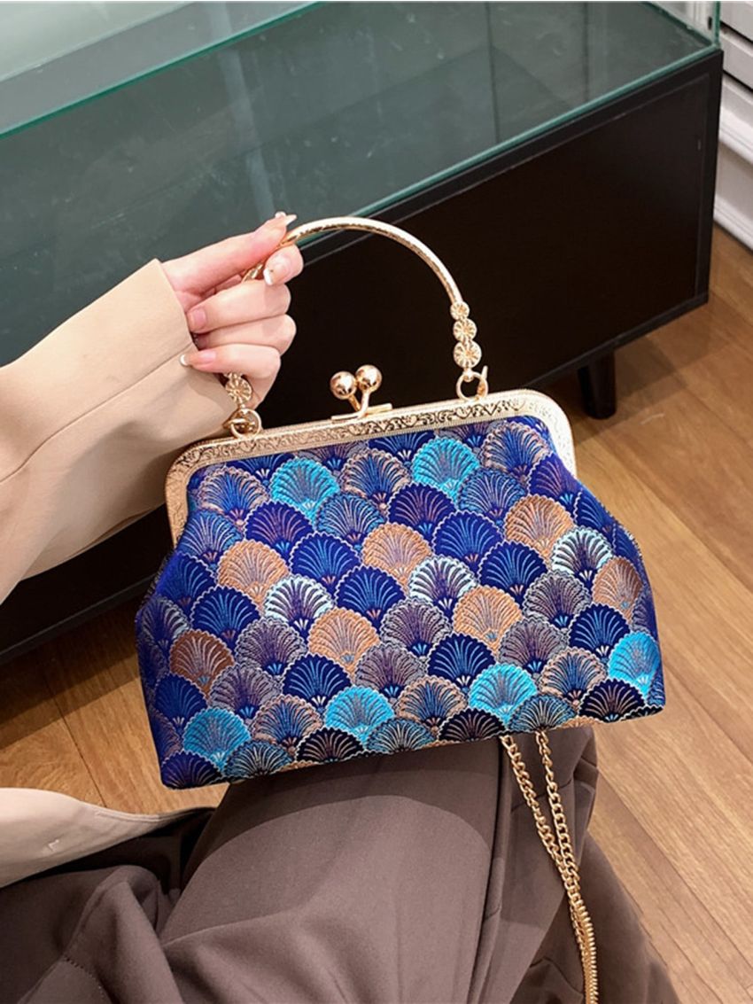 Geometric Pattern Kiss Lock Chain Satchel Bag