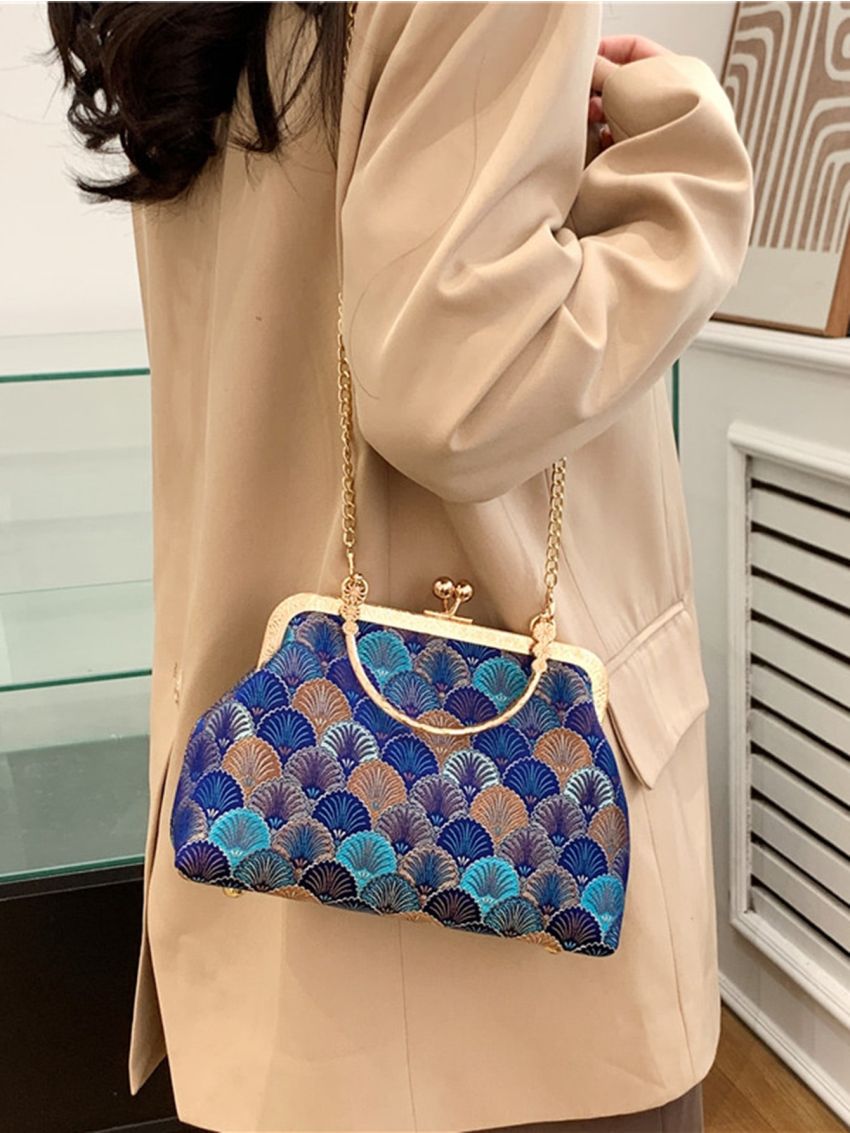 Geometric Pattern Kiss Lock Chain Satchel Bag