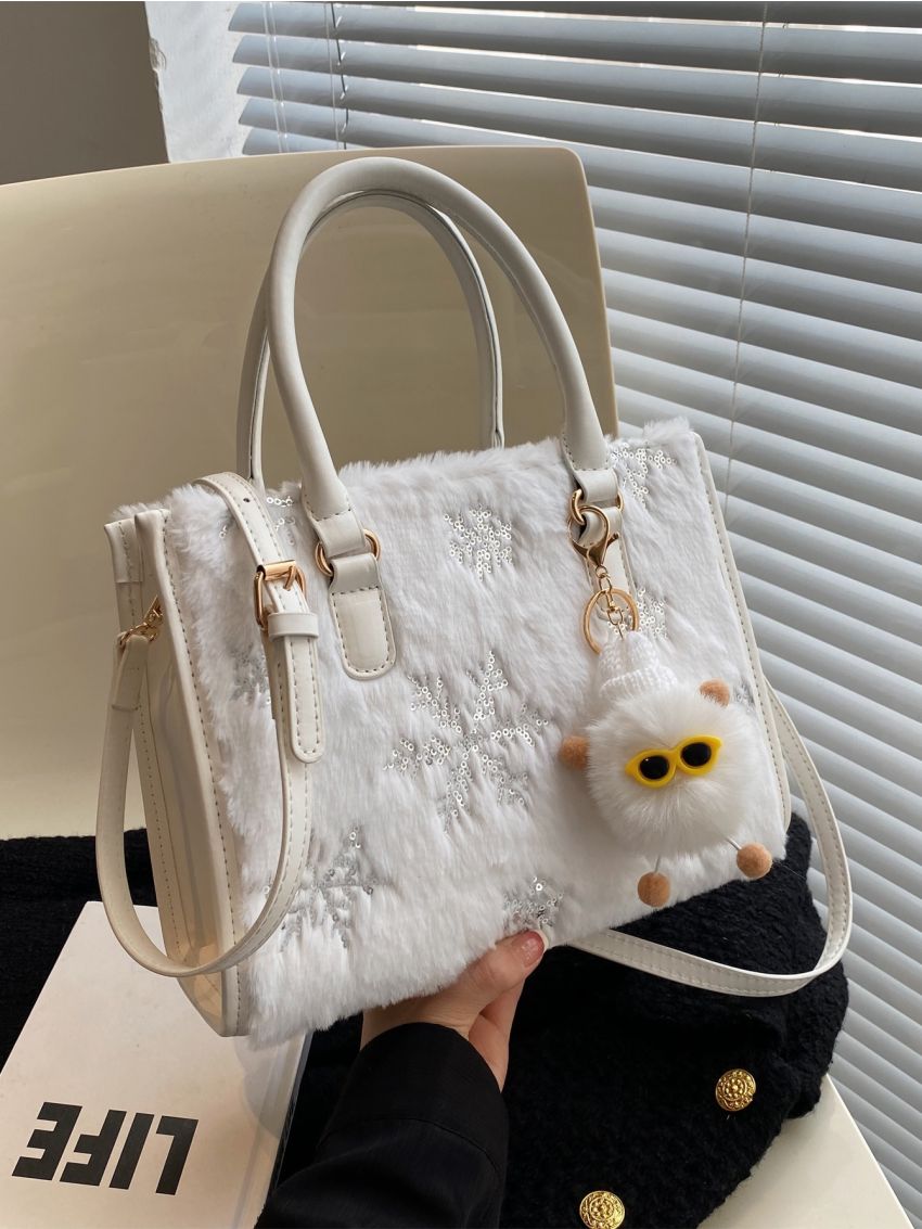 Snowflake Pattern Fuzzy Square Bag With Bag Charm