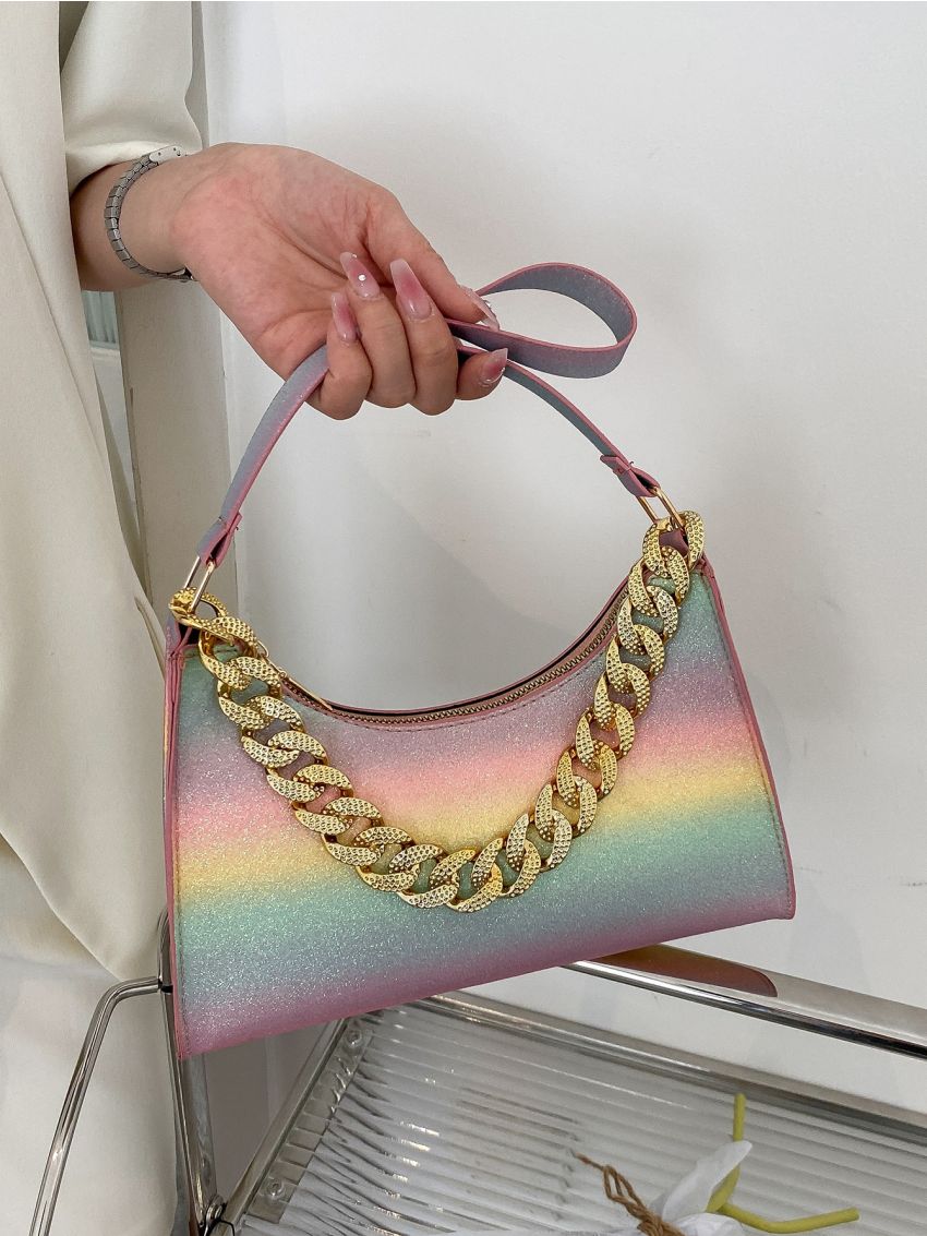 Mini Color Block Chain Decor Baguette Bag