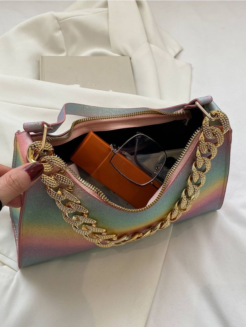 Mini Color Block Chain Decor Baguette Bag