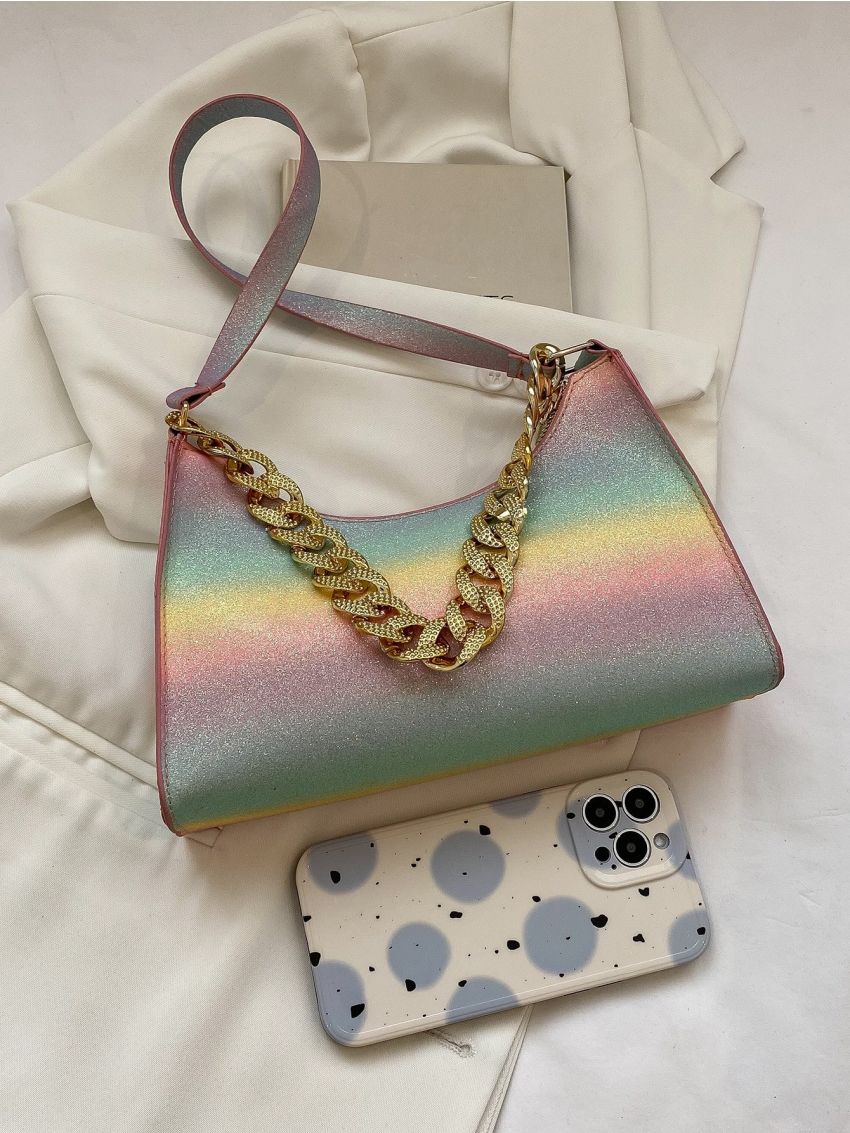 Mini Color Block Chain Decor Baguette Bag