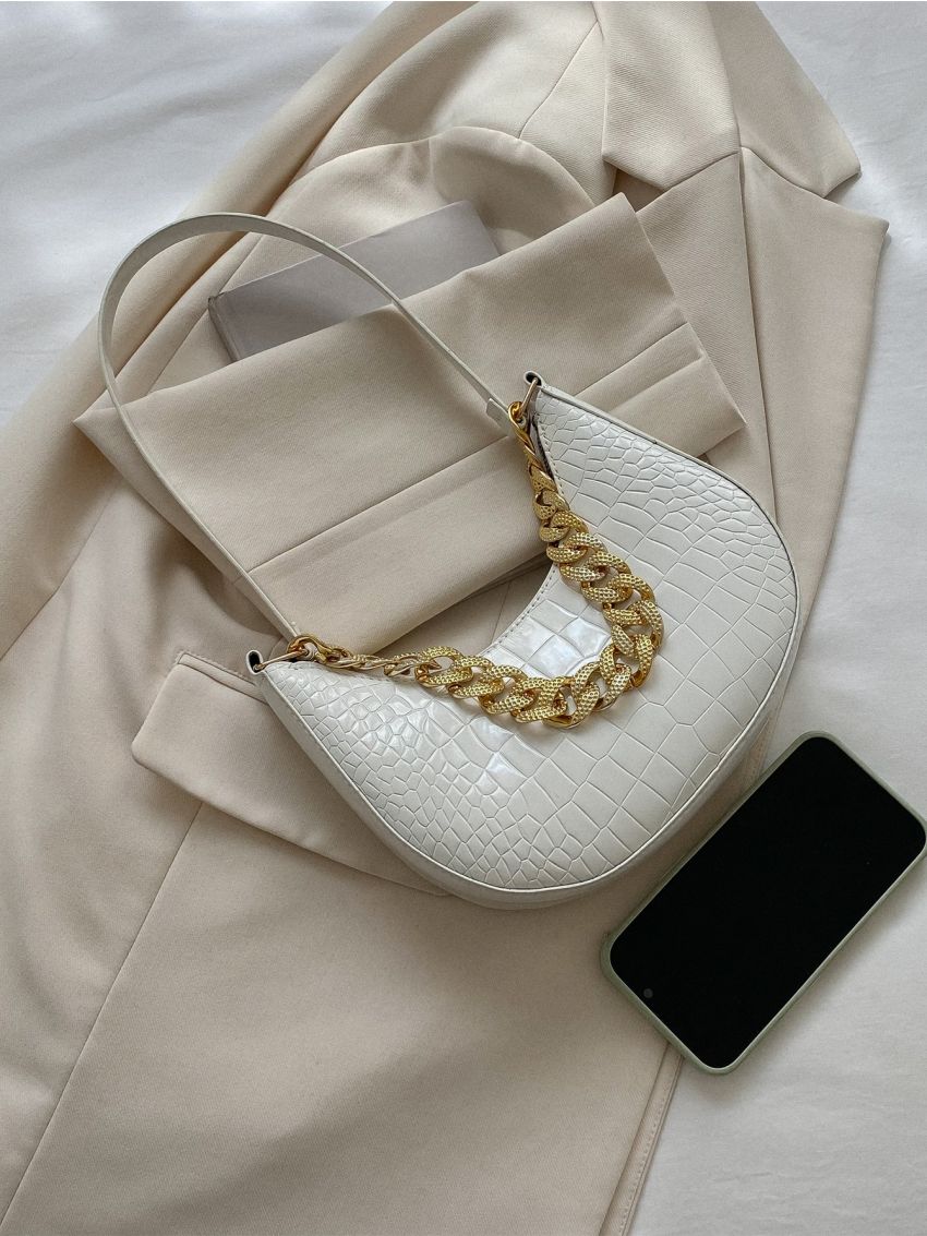 Crocodile Embossed Chain Hobo Bag